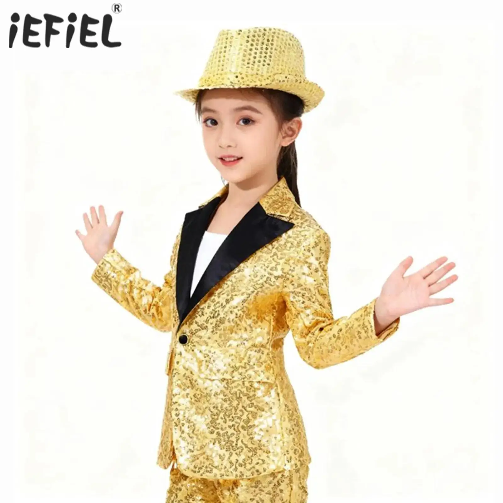 어린이 소년 재즈 댄스 공연 코스튬 샤이니 스팽글 턱시도 세트 긴팔 라펠 싱글 브레스트 재킷 코트, 페도라 모자 포함