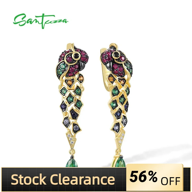

SANTUZZA серьги-капли из чистого серебра 925 пробы для женщин, золотой цвет, зеленая шпинель, красочные серьги с попугаем, птицей, дикими животными, ювелирные украшения