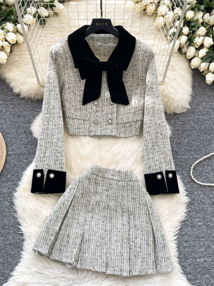 

Temperament Slim 2-piece Set Elegant High Street Design Solid Long Sleeve Tops Women + High Waist Skirt Suit New Autumn Winter