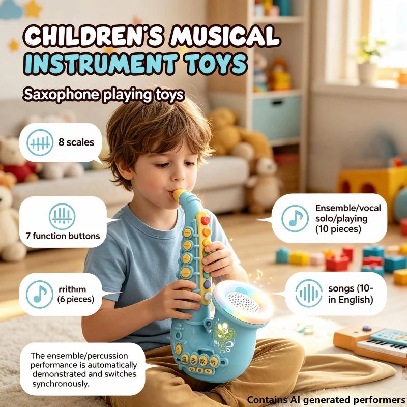 Kids Electronic Saxophone Clarinet Toy with Flashing Lights 8 Keys Musical Instrument for Boys Girls 3+ Early Educational Gifts