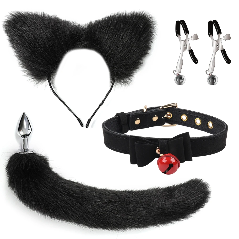 4 PCS Sexy Cosplay Set Fox Tail Anal Plug Role Play SM Collar Slave Nipple Clamps Sexyshop Erotic Accessories For Adult Sex Game