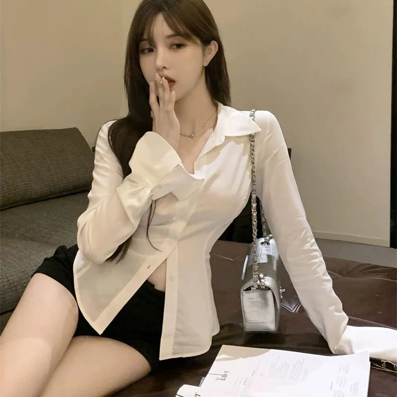 Women Sexy Slim White Chiffon Shirt Korean Turn-down Collar Flare Sleeve Tunic Bandage Blouse Single-breasted Office Lady Tops