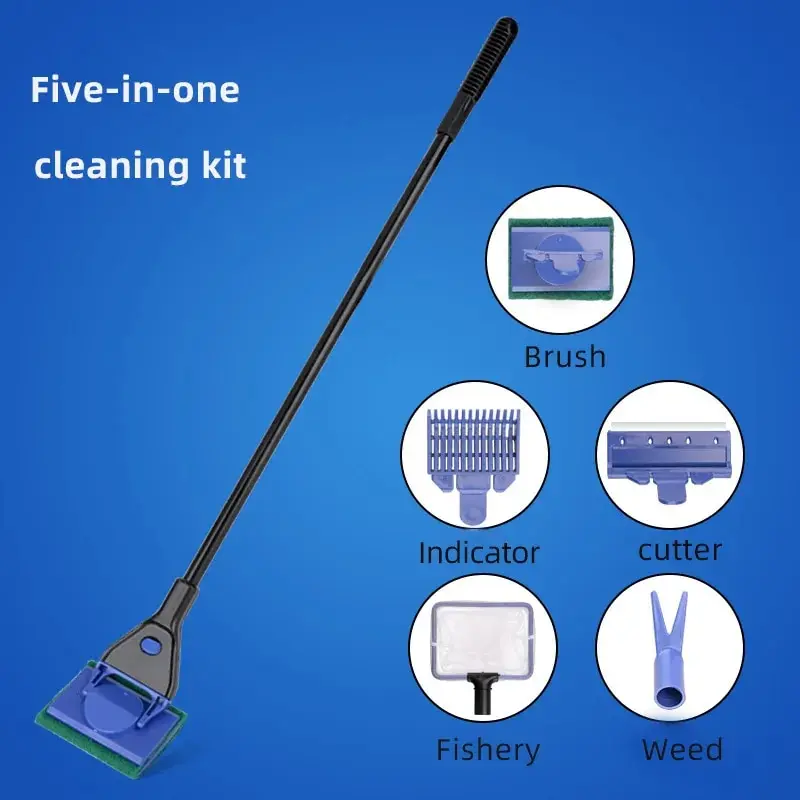 EW Fish Tank Glass Cleaning Brush Aquarium Tool Fishing Aquatic Grass Clip Algae Scraping Knife Long Handle Five-in-One Cleaning