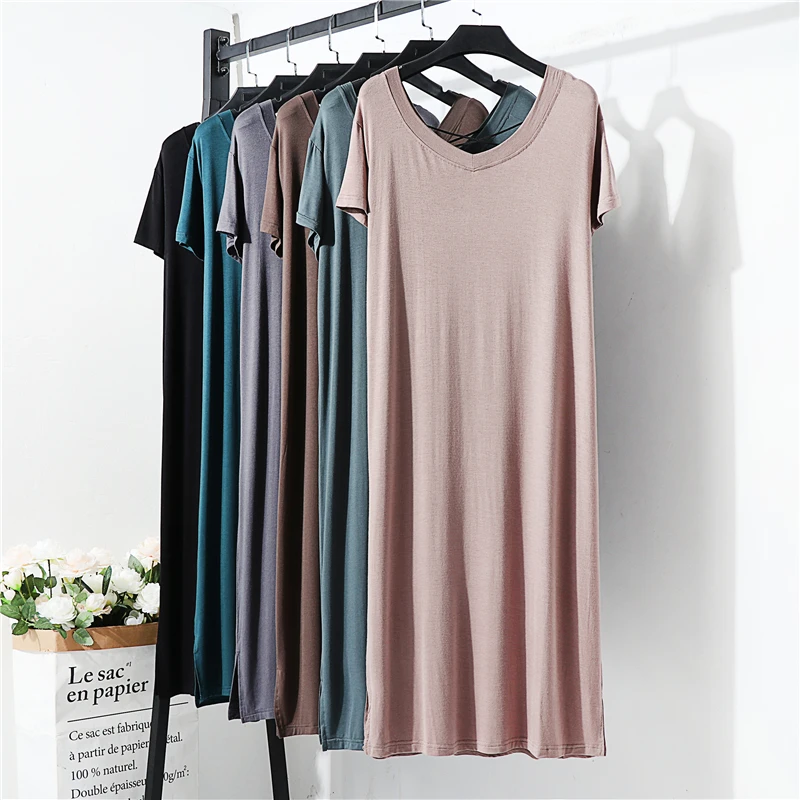 Summer V-Neck Backless Modal Dress Women's Thin Casual Long Split Skirt Loose Sleepwear Comfortable A-Line Dress