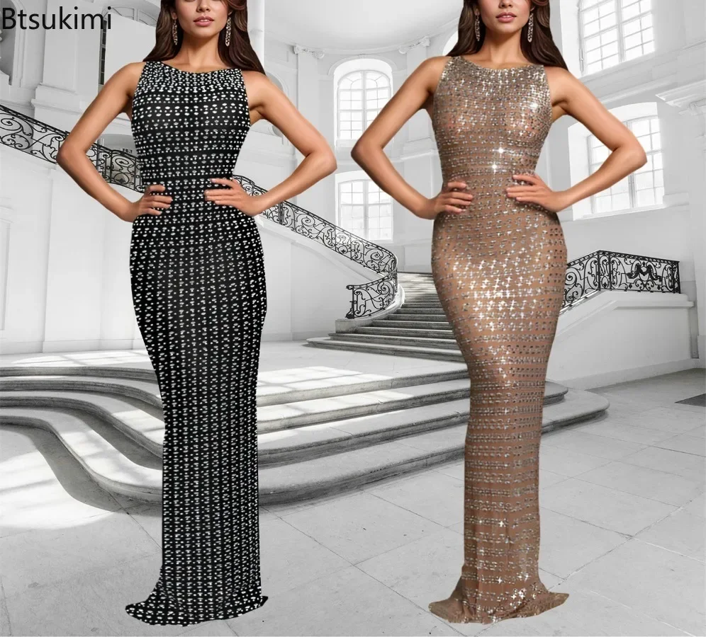 

2025 Women's Sparkly Rhinestone Sleeveless Maxi Dress Sexy Wrap Hip Slim Floor Length Dress Ladies Prom Birthday Evening Dresses