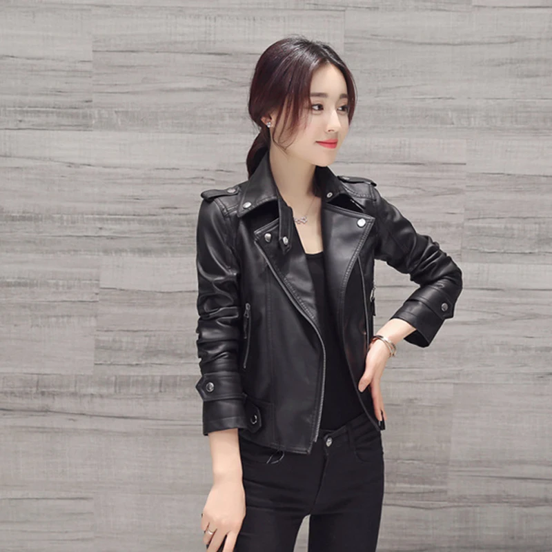 Autumn Winter Women\'s Short Leather Coat Korean Slim Black Motorcycle Leather Jacket Women Zipper Outerwear Jacket Women Clothes