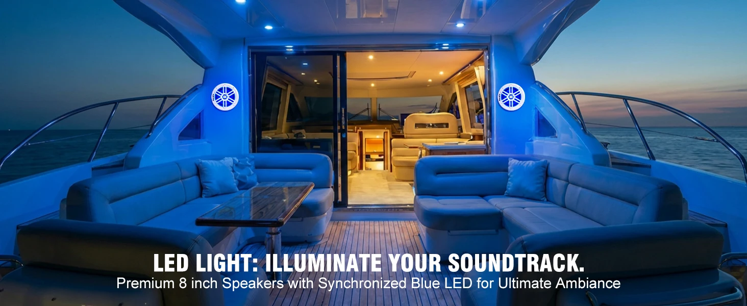 Herdio 8 Zoll Marine-Lautsprecher 450W IP66 Wasserdichter Koaxiallautsprecher mit Blauer LED-Beleuchtung für Boote, ATV UTV mit UV-Beständigem Weiß – Detail 2