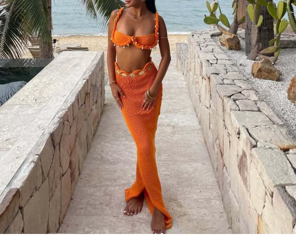 

Fashion Shell Fried Dough Twists Decorative Edge Suspender Top and High Waist Tight Wrap Hip Skirt Suit Sexy Beach Skirt Set