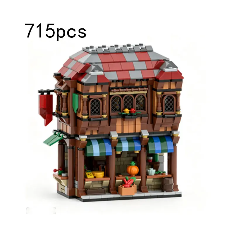 MOC Medieval Market Building Small Particle Assembly Block Street Scene Double-Story Building Model Toy 715pcs