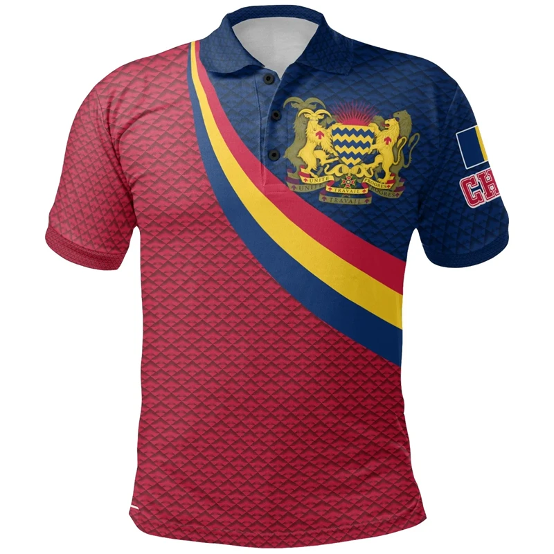 تشاد العلم خريطة ثلاثية الأبعاد طباعة قمصان بولو للرجال الملابس عادية قميص رياضي الشعار الوطني المحملة قميص بولو الذكور قصيرة الأكمام بلايز