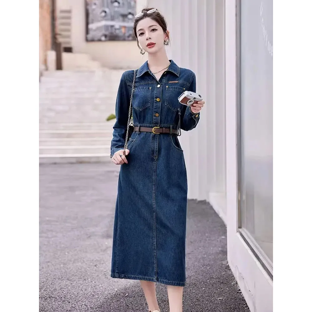 Women's Denim Dress 2023 Korean Spring Autumn 3/4 Sleeve Mid-Length Dress Lady Elegant A-line Jeans Dress Vestidos Feminine Y330