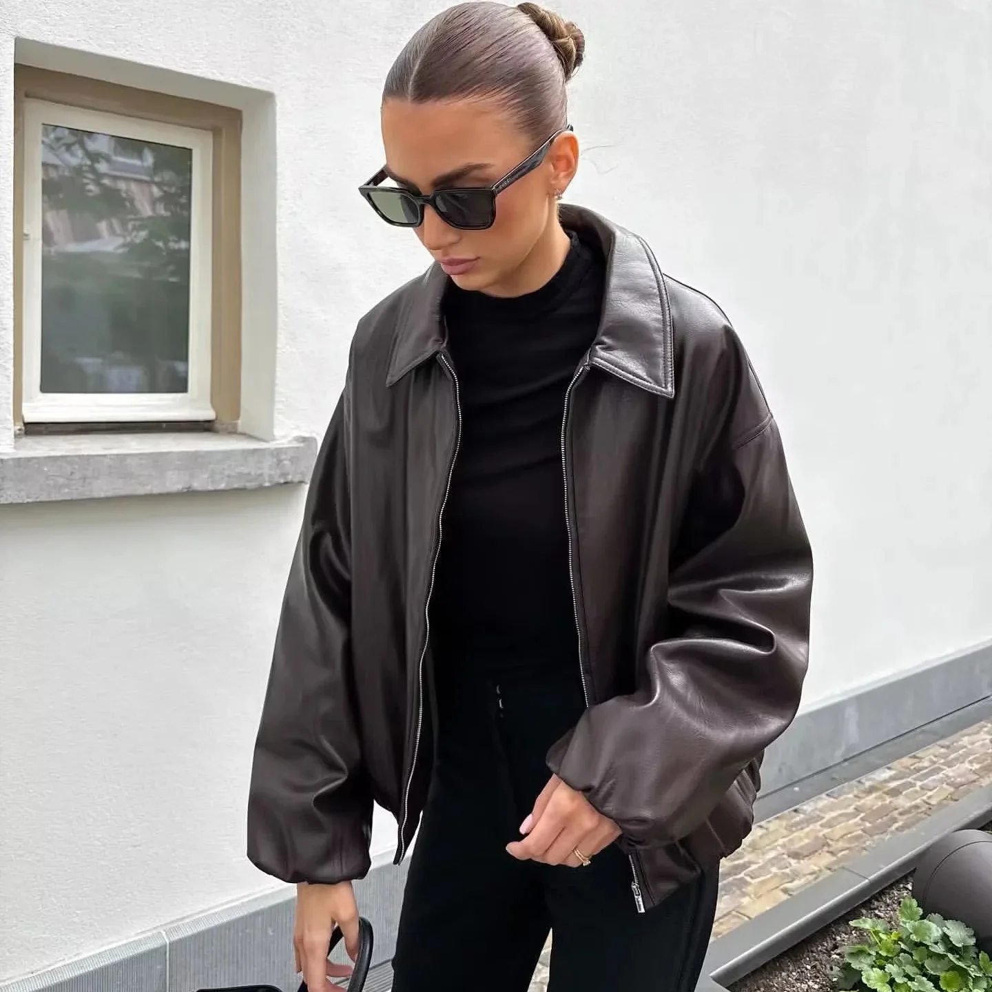 BSAY moda versátil cremallera cuello manga larga suelta mujer otoño nueva colección 2025 chaqueta de piloto abrigo