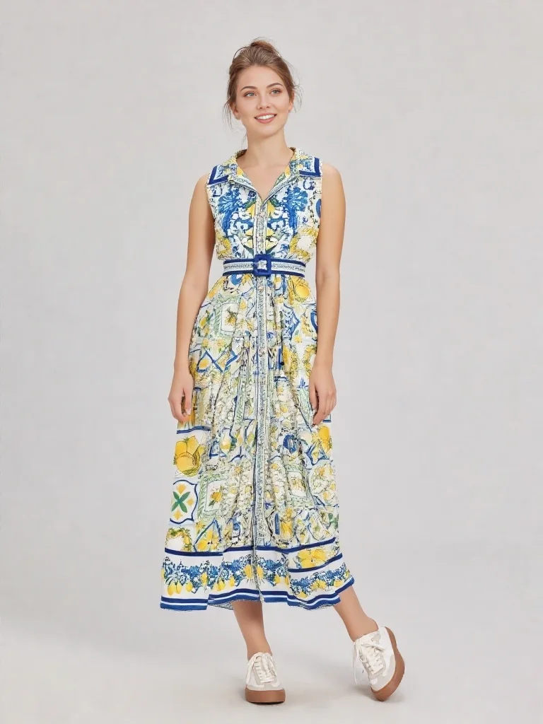 

Women's Summer Holiday Beach Maxi Dress Sleeveless Notched Collar Single-Breasted Floral Print Long Boho Party Dress with Belt