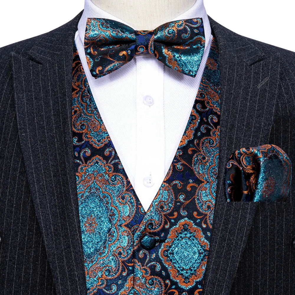 Blue Floral Silk Vest Waistcoat Men Suit Vest Silver Butterfly Handkerchief Cufflinks BowTie Vest Barry.Wang Business Design