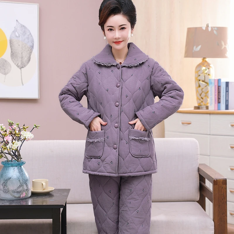 Female Winter Warm Pajama Set Elegant Flowers Three-layer Thick Cotton Quilted Warm Sleepwear Home Wear Clothes Suit for Women