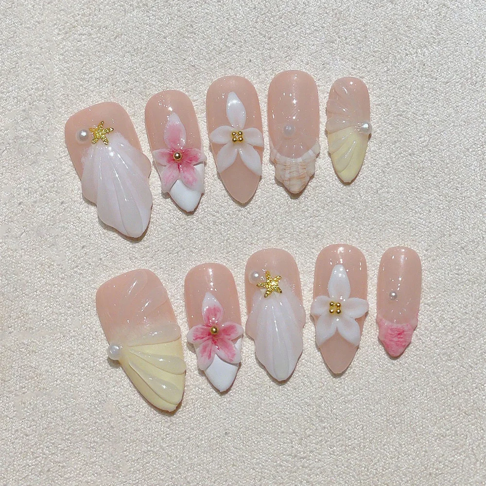 10pcs Middle Almond Handmade Press On Nails Kit, Apricot & W