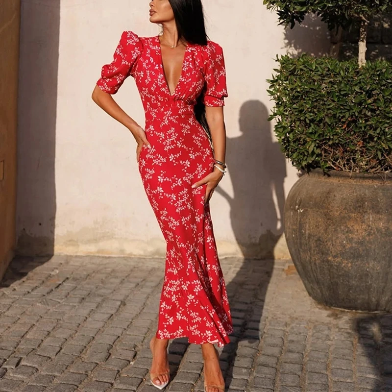 

Lady High Waist Hollow Out Party Maxi Dress Sexy V-neck Floral Printed Pleated Dress Summer New Puff Sleeve Slim Vacation Dress