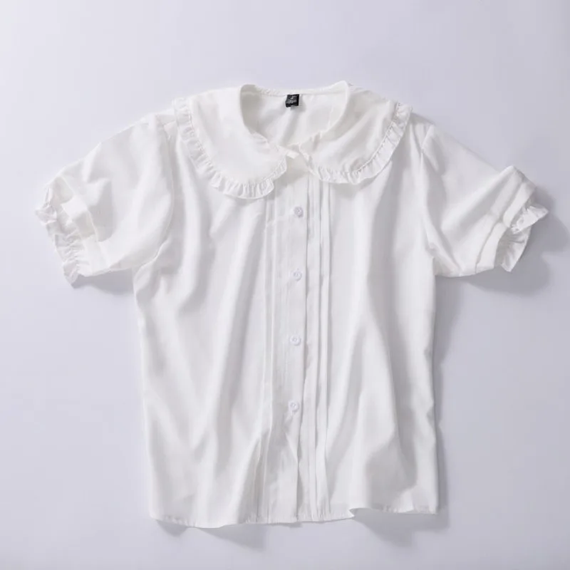 Preppy Style Kawaii Peter Pan Collar Blouses Women Summer Sweet Ruffle Short Sleeve White Shirt Girl Japanese Lolita Jk Shirts