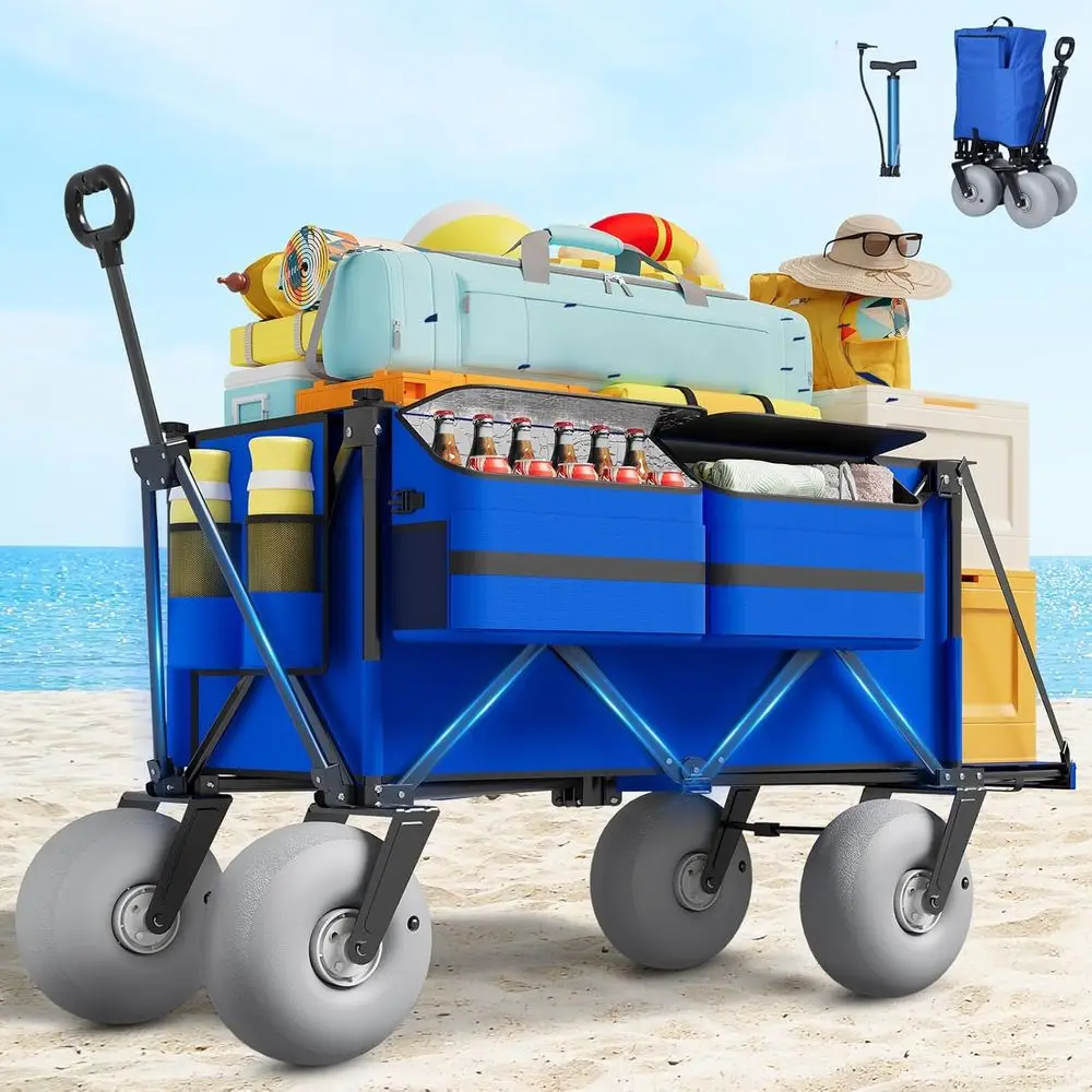 

Heavy-Duty Collapsible Beach Cart with 9 All-Terrain Tires for 450lbs Load Capacity - Ideal for Outdoor, Camping, and Grocery Sh