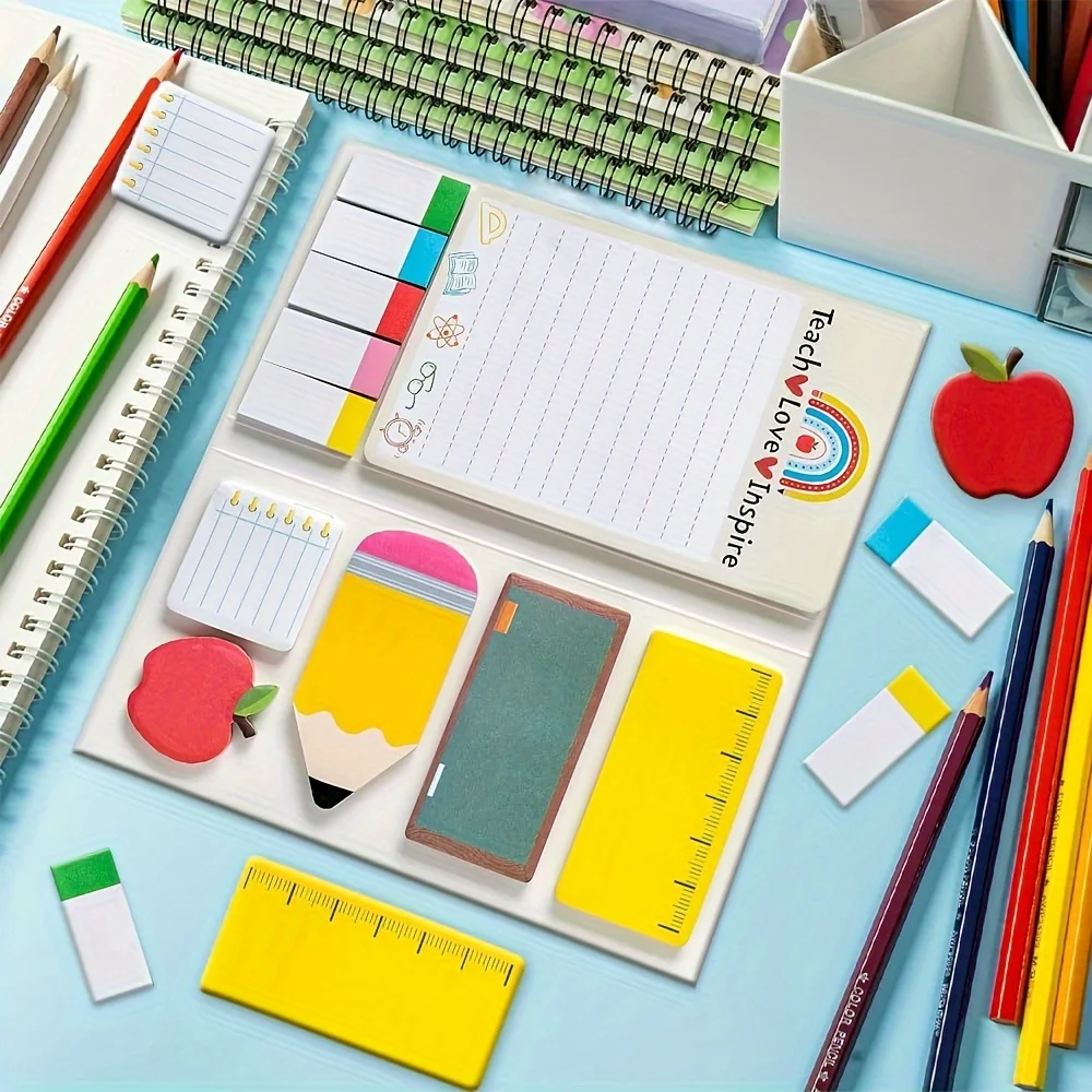 Notas adhesivas de agradecimiento para profesores: blocs de notas motivacionales Teach Love Inspire con marcadores de página y papelería de diseño de pizarra