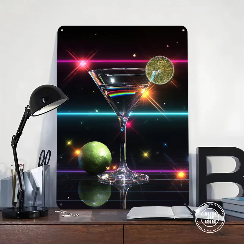 Retro Martini With Lime and Neon Printing Poster Customized Retro Wall Art Vintage Metal Signs for Room Mancave Decoration House