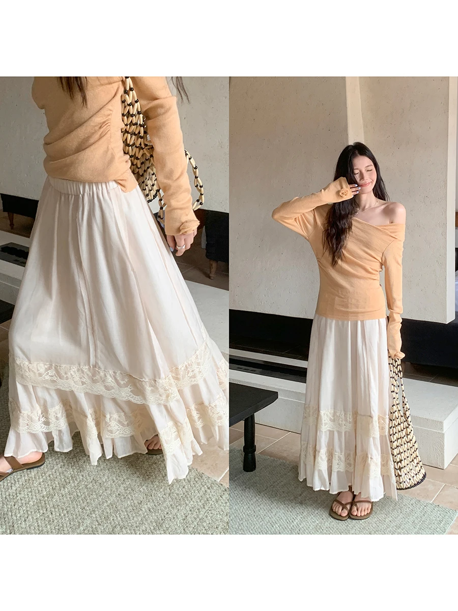 

Платье Linyunyun с кружевными вставками и воротником-халтер для ранней весны, женское повседневное дышащее платье с завышенной талией, А-силуэт, длинная юбка