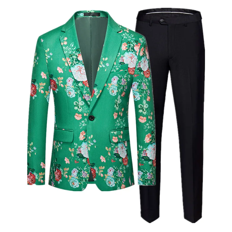 Traje de flores a la moda para hombre, 2 piezas, negro/verde/amarillo, chaqueta y pantalones de Jacquard de lujo para fiesta de graduación y boda