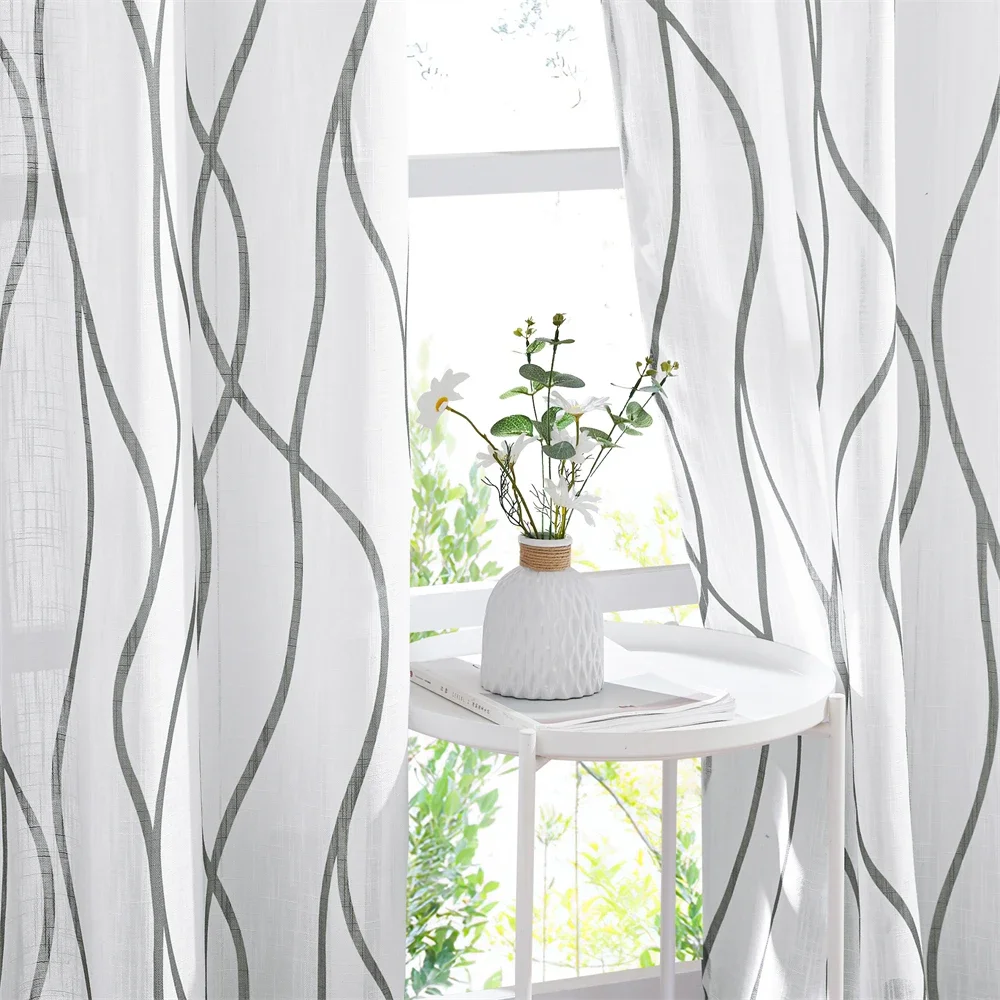 RYBHOME 2 Colors Decoration Sheer Curtains Geometric Alternation for Porch Exterior Voile with Grommet  Christmas Curtains