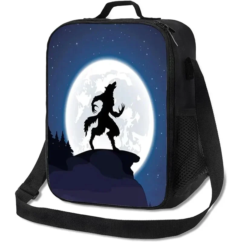 Wolf Halloween Theme,Insulated Lunch Bag for Women Men,Moon Night Sky Growling Halloween,Reusable Leakproof Lunch Box