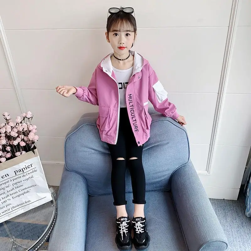 Kawaii Girl Fashion Coat Spring and Autumn Student Casual Cartoon Hooded Zipper Long Sleeves Jacket Tops Children's Clothing