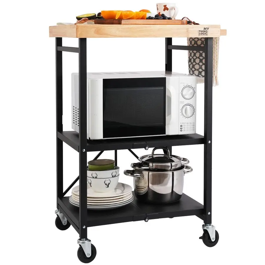Foldable Kitchen Storage Cart, 3Tier Rolling Cart with Solid Oak Top, HeavyDuty Metal Utility Rack for Microwave, Pots, Dinnerwa