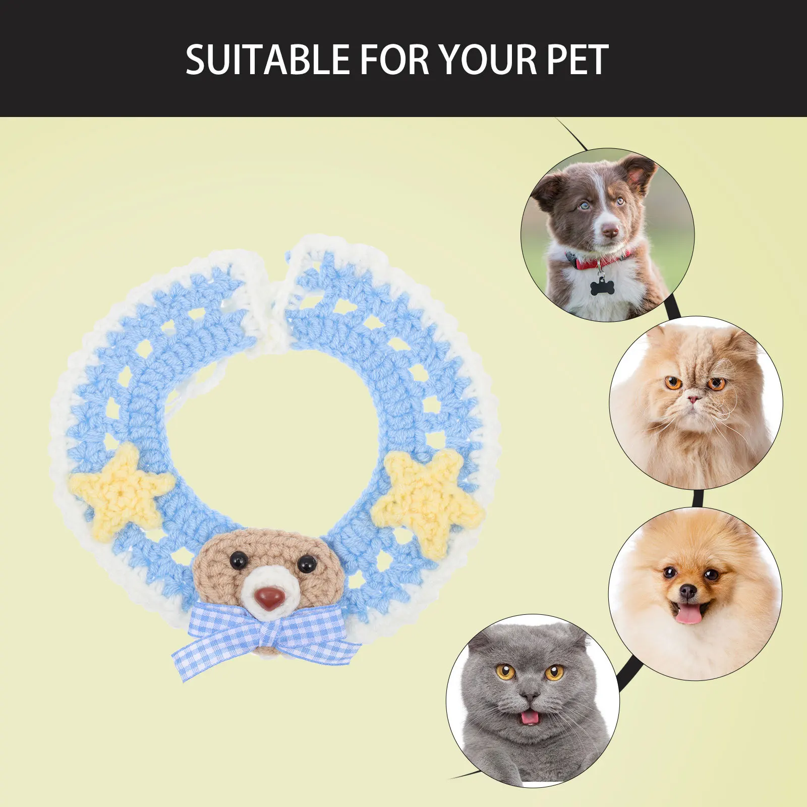 

1Pcs Blue Bear Soft Adjustable Woolen Yarn Cat Collar Knitted Kitten Neckwear Breathable Cozy Cartoon Accessory