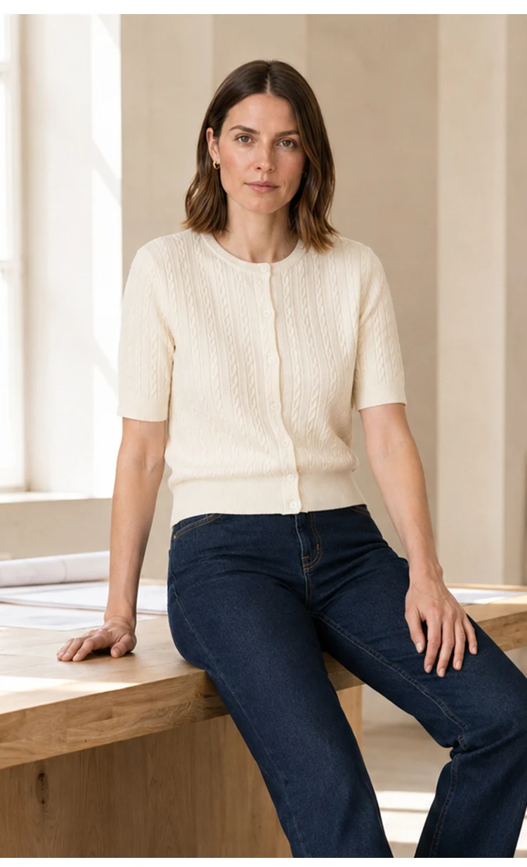 MZ62006 Damen-Strickjacke mit Zopfmuster, Rundhalsausschnitt, kurzen Ärmeln, Knopfleiste, lockerer Schnitt, einfarbig, Modal-Mischung, lässiger Pullover für den frühen Herbst – Detail 7