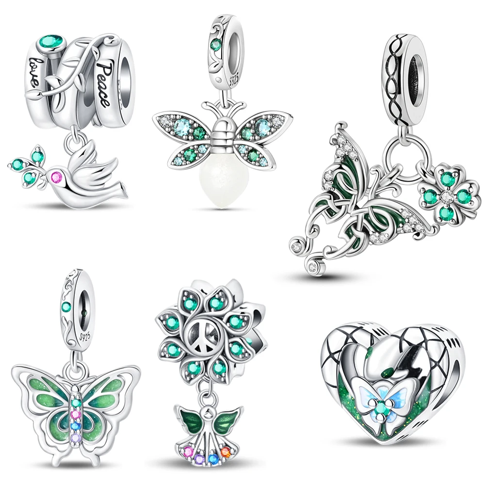 

Colorful 925 Sterling Silver Sparkling Green Zircon Lucky Four Leaf Clover & Butterfly Dangle Charm Fits Original Bracelet