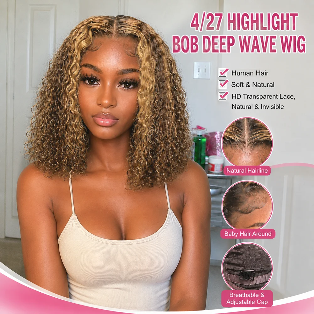 Glueless Highlight 427 Ombre Bob Wig Human Hair Curly Short Honey Blonde Pre Colored Deep Wave Pre Bleached Knots 5X5 Hd Lace Closure Frontal Wig