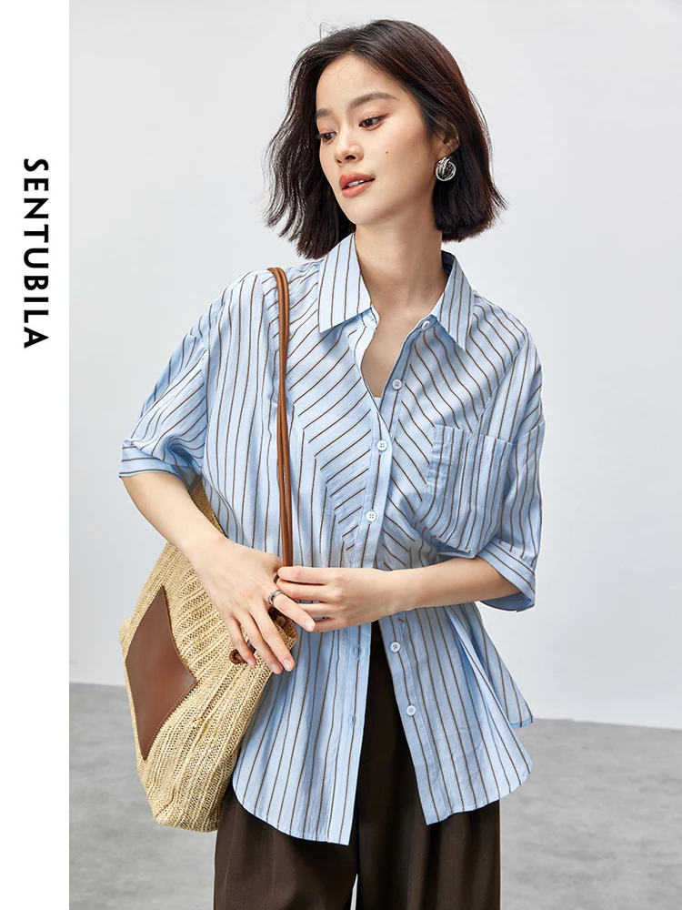 SENTUBILA Summer Thin Striped Shirt 2025 Polo Collar Button Up Loose Split Short Sleeve Blouse Womens Tops Clothing 142C53919