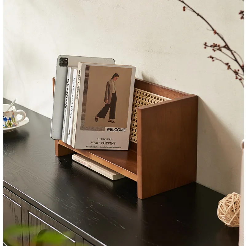 Nordic Creative Book Shelves Solid Wood Magazine Rack Desktop Multilayered Newspapers Shelf Natural Rattan Weaving Display Stand