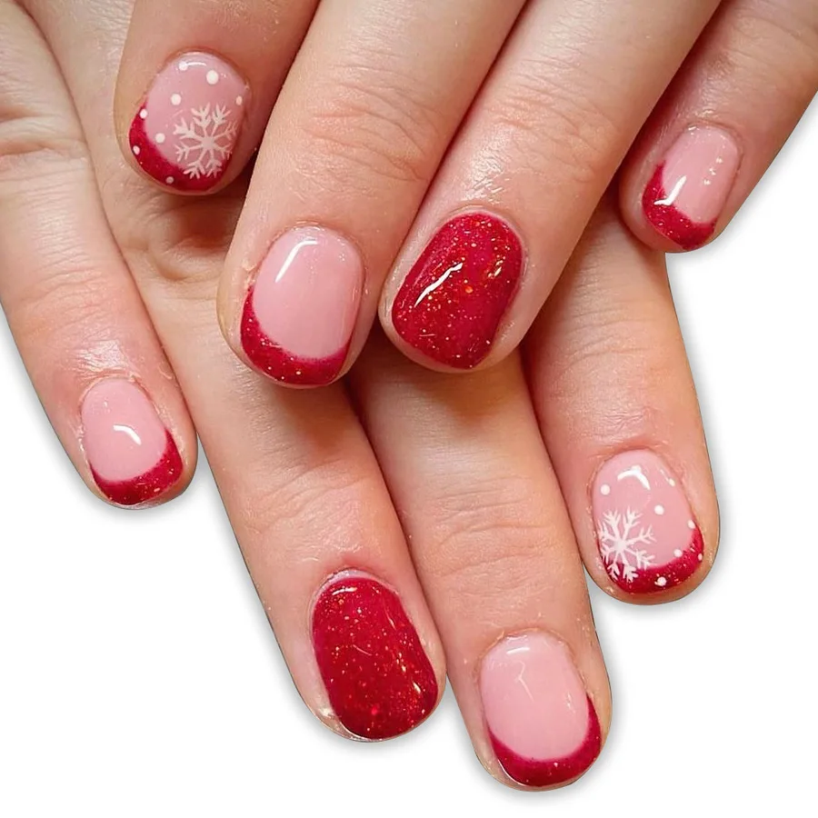 Uñas postizas ovaladas cortas para mujer y niña, 24 piezas, copos de nieve brillantes de Navidad, rojo brillante, manicura francesa usable