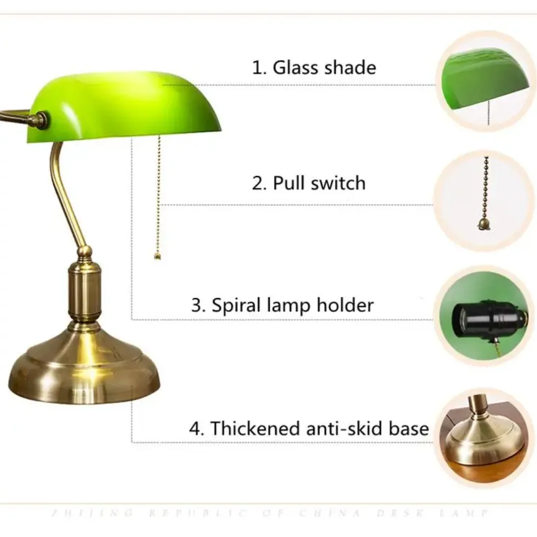 Classical Banker Table Lamp Vintage LED Lamp with Pull Switch Green Glass Lampshade Desk Light Decor Home Study Bedroom Reading