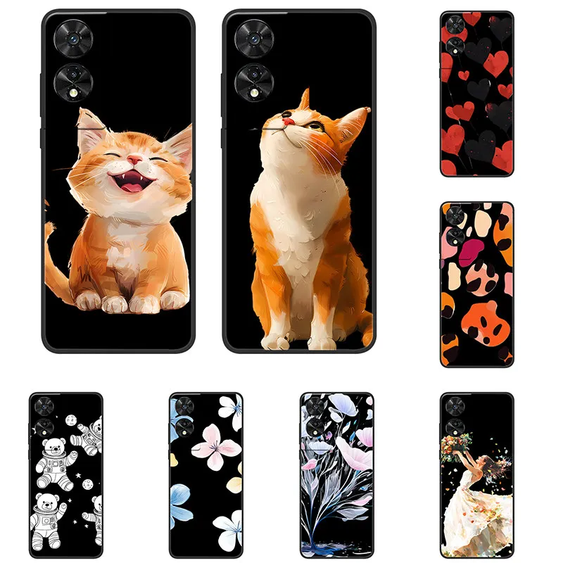 Para tcl 505 50se 503 403 padrão em forma de coração gato bonito preto silicone casca dura para 50se 503 403 t509a estilo minimalista capa