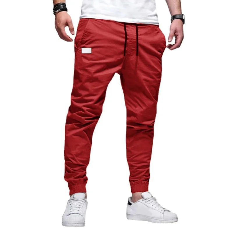 Mens New Solid Color Cargo Trousers Casual Pants Tied Feet Overalls