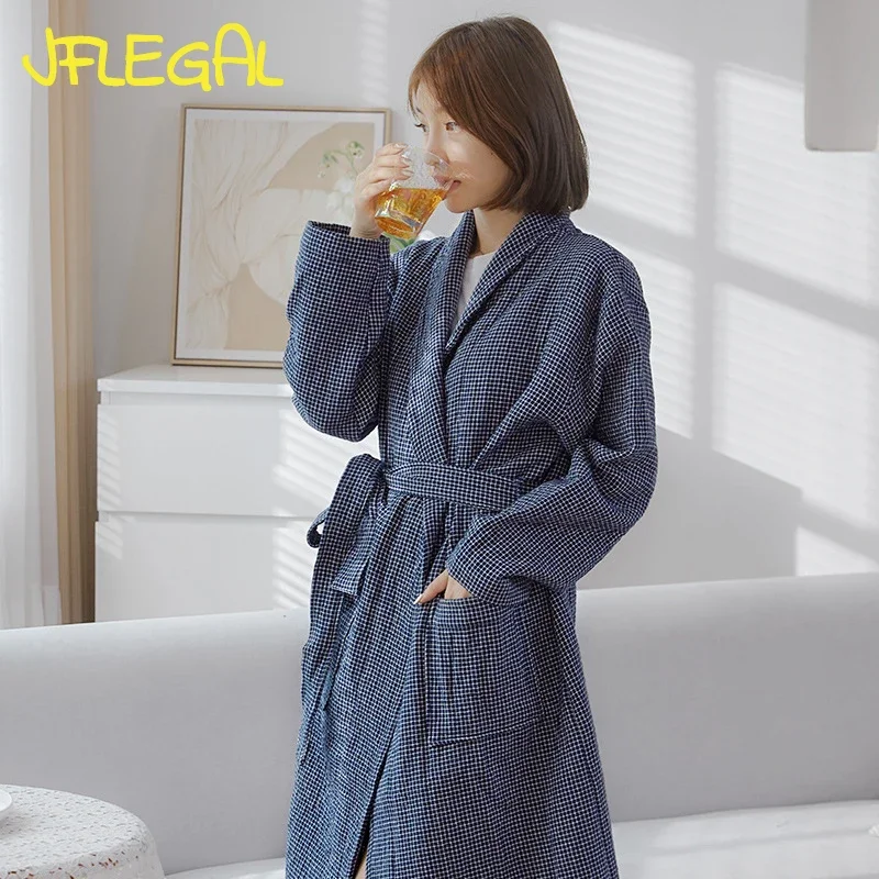 JFLEGAL Japan Style Pure Cotton Four -layer Gauze Bathrobe Towel Fabric Absorption Fast-drying Man Long Sleeve Couple Bathrobe