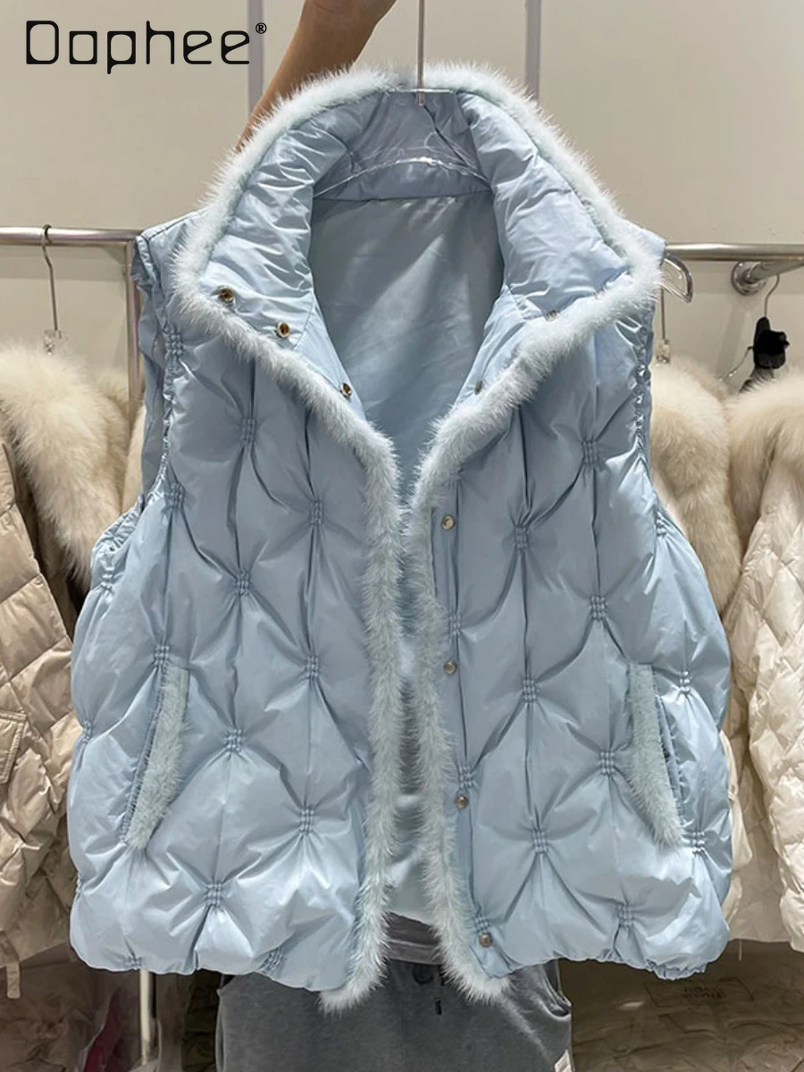 

Женский короткий пуховик, модный норковый бархатный воротник-стойка, белый утиный пуховик, зимний новый милый свободный тонкий толстый топ без рукавов