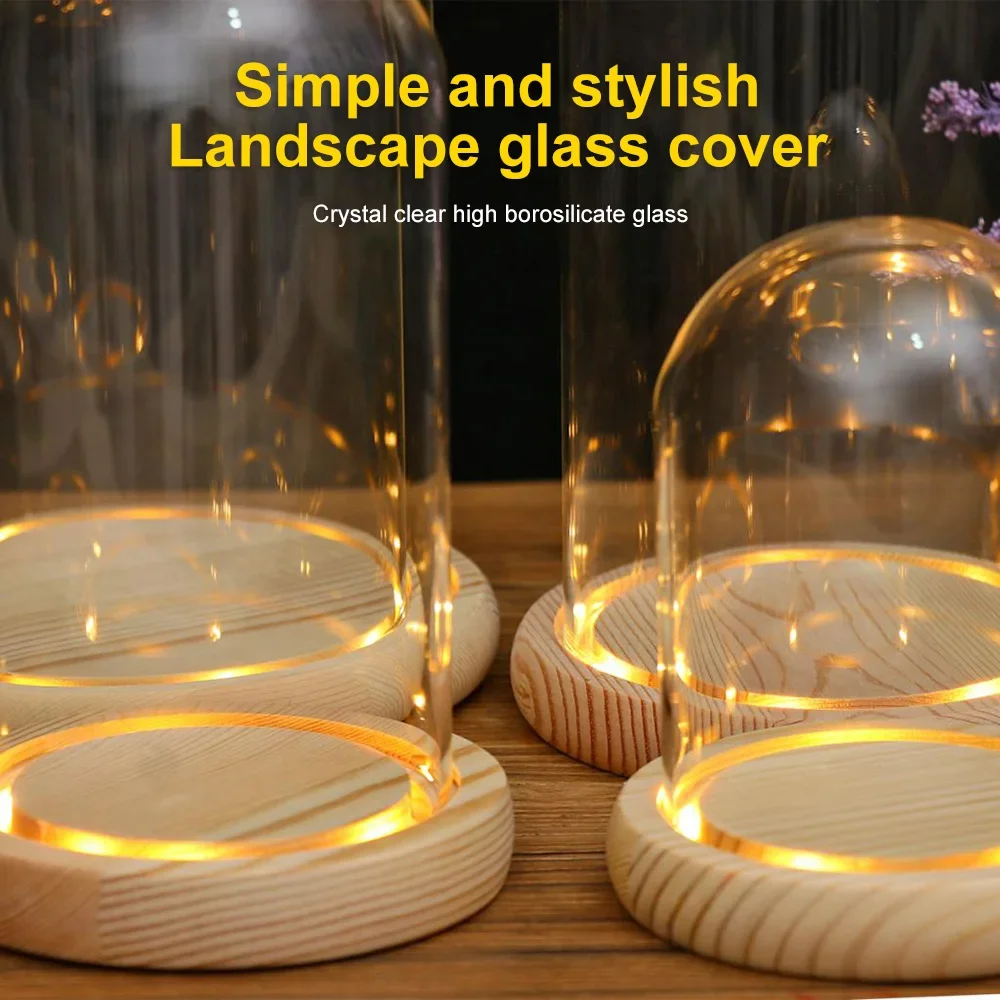 Image 4: Dôme en verre Base en bois avec lumière LED, cadeau d'anniversaire, décor de chambre à coucher, couverture en verre, Vase de paysage, conteneur de Terrarium, porte-fleurs