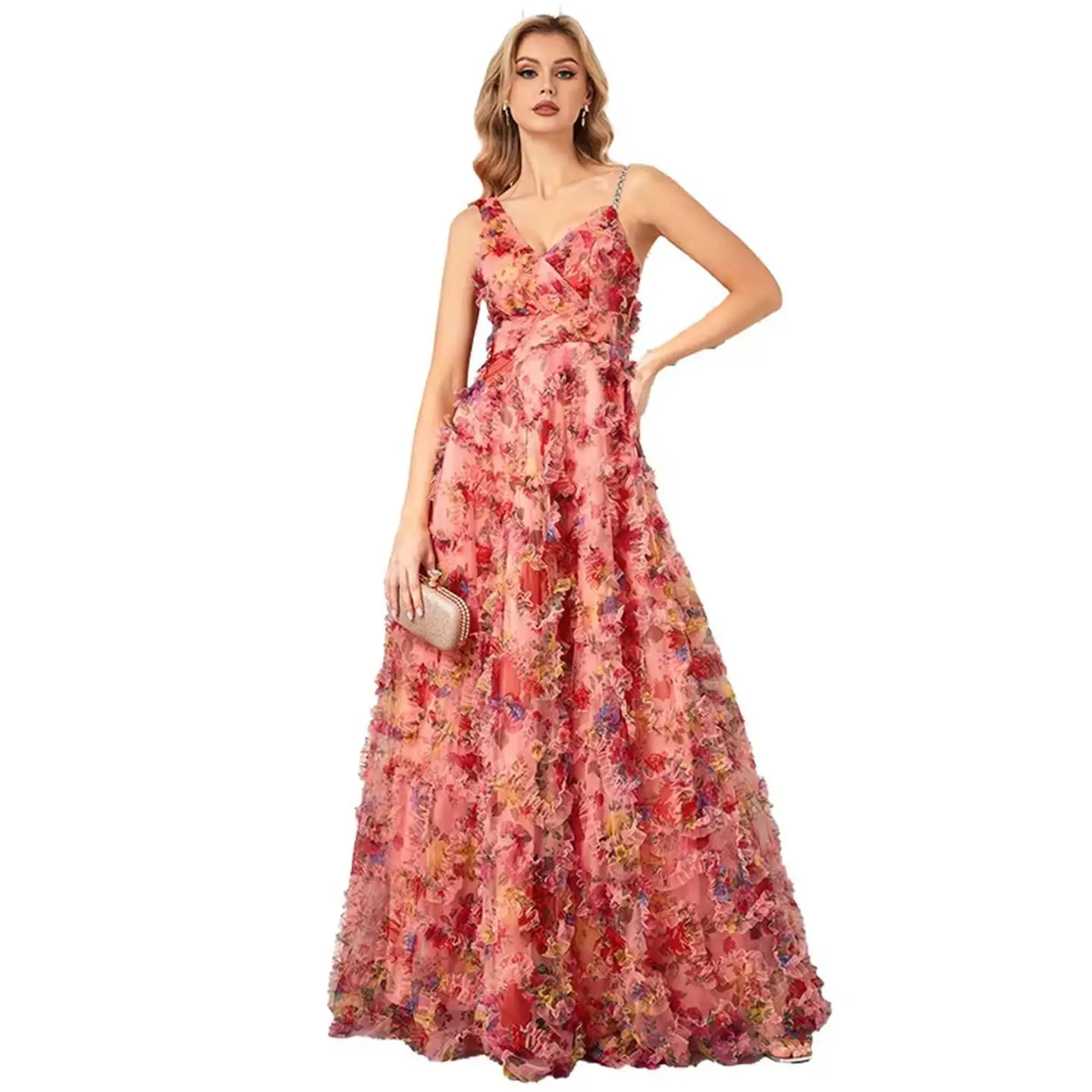 Long Floral Lace Evening Dr Slim Fit Chiffon Maxi Par Dr Tee Quarter Sve V Ne Gown for Women's Gathering