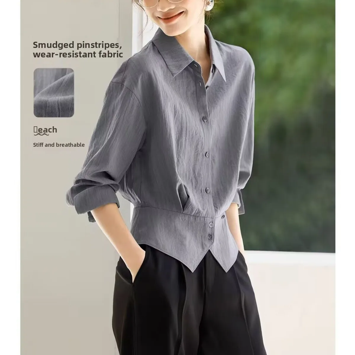 

Ele Women's irt Top Waist-Cinching Commute Faion Korean Sle Long Sve Breathable Polyester Fiber 2025 Autumn New ...