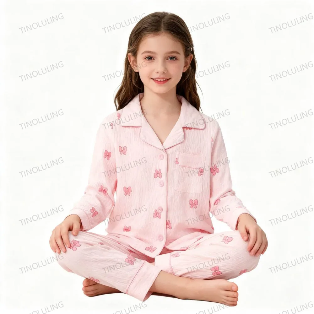 2pcs Princess Bow Print Pyjama Spring Autumn Kids Pajamas Boys Girls Long Sleeve Top & Pants Set Cartoon Comfy Casual Loungewear