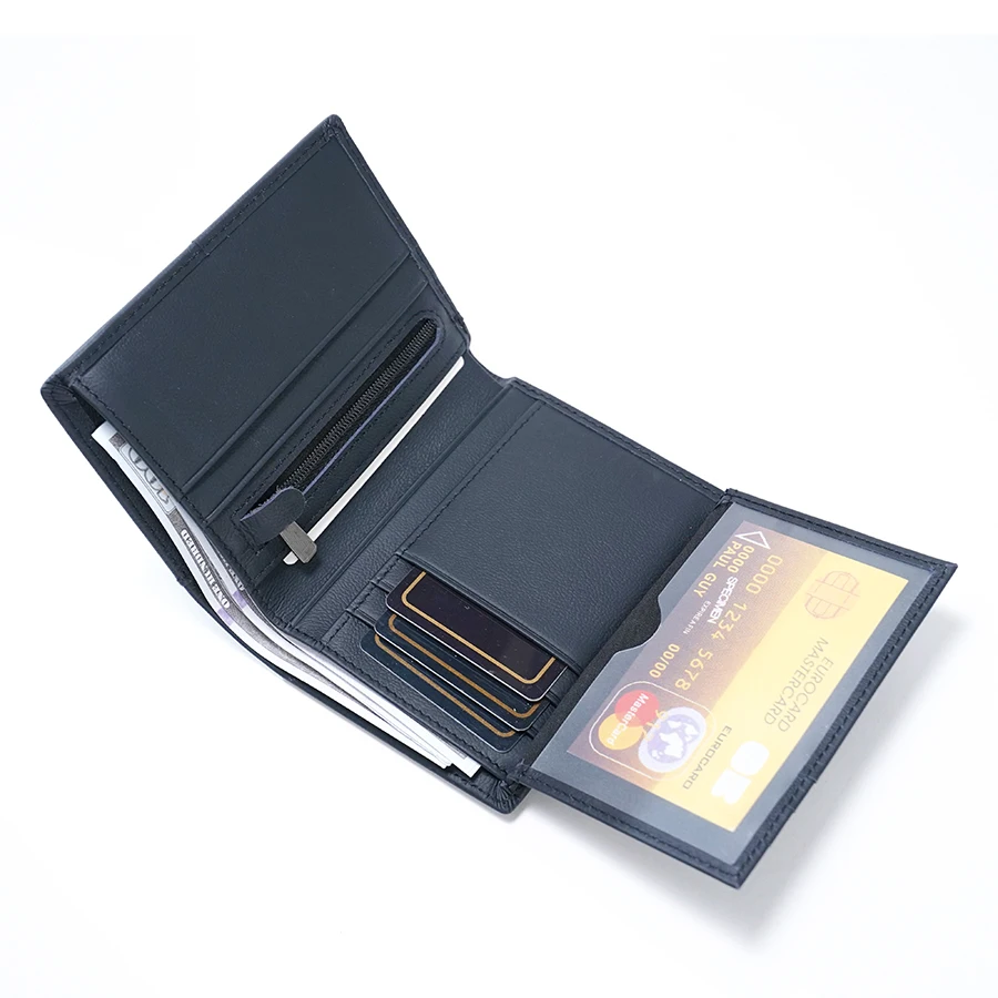 Dompet Koin Pria Anti-RFID Kulit Asli dengan Resleting, Tempat Kartu, dan Kantong Uang