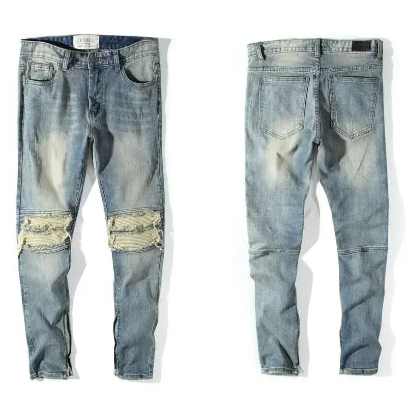Men's Jeans Ripped with Holes Broken Trousers Man Cowboy Pants Torn Tapered Pockets Light Blue Summer Denim Trend 2025 Luxury Xs