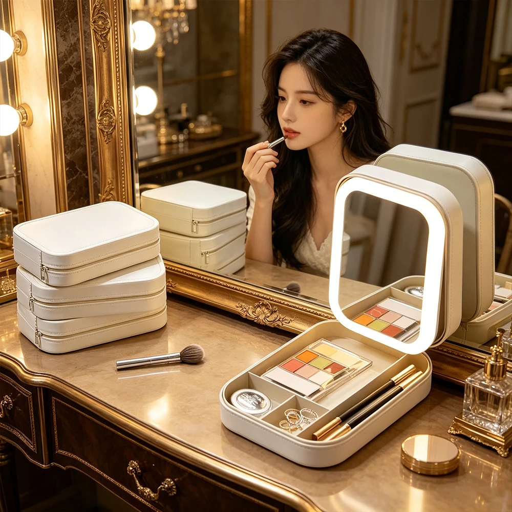 Portable LED Cosmetic Case With Mirror Fashion Makeup Storage Bag for Women Travel Essentials Smart Lighted Cosmetic Pouch